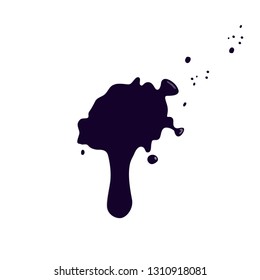 Ink black blot with splashes on a white background, top view. Vector illustration.