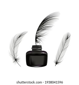 Ink with black feathers set.Vector illustration.