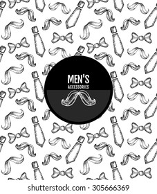 Ink Black Hand Drawn Seamless With Men's Accessories : Bow Tie,tie, Mustache, Zipster, Men's Fashion And Style, Pattern Father Day Mustache, Pattern Men's Attributes Texture. 