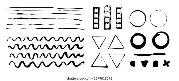 Ink black lines, brush strokes, circles and triangles on white background. Design set of stylish brushes and patterns in minimalist grunge style