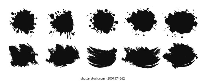 Ink Black splashes isolated. Dirty texture elements, quote box speech template. Paint grunge for posters, flyers, cards, banners. Vector brush stroke, brush, line or texture for highlights.
