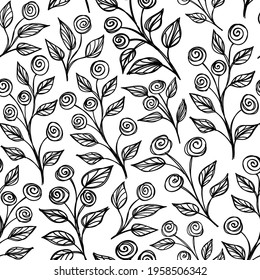 Ink black and white monochrome pattern with plants