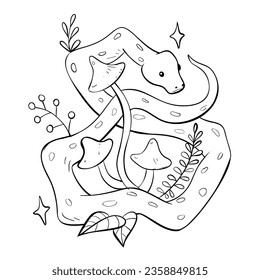 Ink black and white snake illustration with ferns and mushrooms