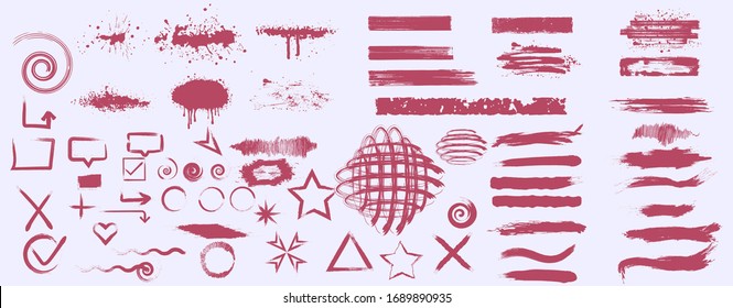 Ink blob brush. Black paint strokes with dirty grunge texture, brush stains splatters and drips. Doodle check marks and underlines. Red inked splatter dirt stain splatter spray. Vector isolated set.