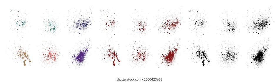 Ink blood vector brushstroke black, green, red, purple, blue, pink color grunge blots background set