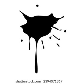 Ink blot. Abstract stain with drops and splashes. Black paint splatter. Vector illustration isolated on a white background. Liquid dirty inkblot. Design element. Grunge texture