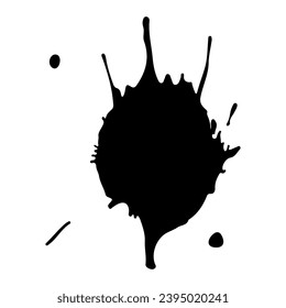 Ink blot. Abstract stain with drops and splashes. Black paint splatter. Vector illustration isolated on a white background. Liquid dirty inkblot. Grunge style. Design element