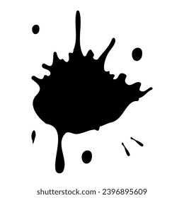 Ink blot. Abstract stain with drops and splashes. Black paint splatter. Vector illustration isolated on white background. Liquid dirty inkblot. Wet slick. Grunge style. Design element.