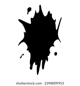 Ink blot. Abstract stain with drops and splashes. Black paint splatter. Vector illustration isolated on a white background. Liquid dirty inkblot. Grunge style. Design element.