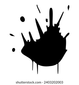 Ink blot. Abstract stain with drops and splashes. Black paint splatter. Vector illustration isolated on a white background. Liquid dirty inkblot. Grunge style. Design element.