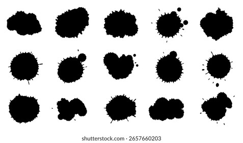 Colección de manchas de tinta con salpicaduras de pintura abstracta en varias Formas. Un conjunto de Elementos grunge simples para diseños modernos y creativos.