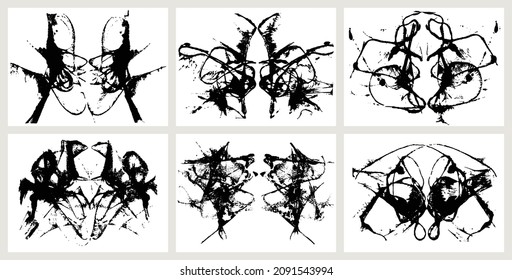 Bloqueo de tinta para evaluaciones psiquiátricas. Prueba de Rorschach, silueta negra. Conjunto vectorial de manchas negras abstractas, gotitas, manchas, manchas y salpicaduras