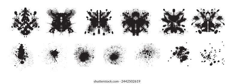 Ink blot psychology test set, vector symmetric paint splash spot, acrylic abstract dripped shapes. Mental exam imagination element, graffiti splatter liquid stain on white. Ink blot diagnosis design