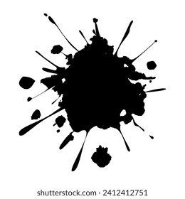 Ink blot and splatter. Spots from a blotter, splashes of drops of liquid ink paint. Artistic dirty grunge abstract dotted vector set. Illustration monochrome drip splash, dirty ink blots