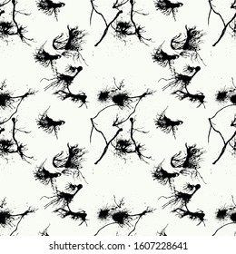 Ink blots abstract seamless pattern. Hand-drawn monochrome vector illustration.