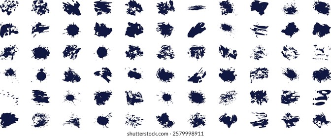 Ink blots. Black ink paint splatter, drops and splashes. Inking spray stains, dripping liquid. Muddy inkblot flecks silhouettes isolated. Vector set