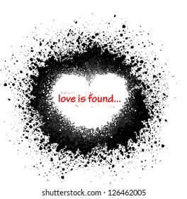 Ink blots with heart and red text