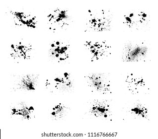  Tintenfische. Inkarbene Spmutztropfen einzeln auf weißem Hintergrund, Vektorschwarzer Tropfflecken oder Nassflecken, Spray-Bürste-Texturset
