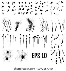 Ink blots. Inked splatter drops isolated on white background, vector black drip spots or wet spots, spray brush texture set