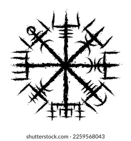 Ink blots Scandinavian viking true vegvisir symbol isolated on white background. Grunge old sign for different designs and patterns