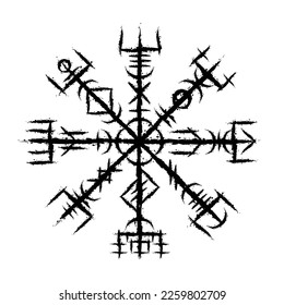 Ink blots Scandinavian viking true vegvisir symbol isolated on white background. Grunge old sign for different designs and patterns