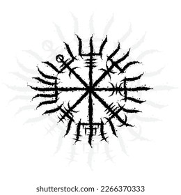 Ink blots Scandinavian viking true vegvisir symbol isolated on white background. Grunge old sign for different designs and patterns
