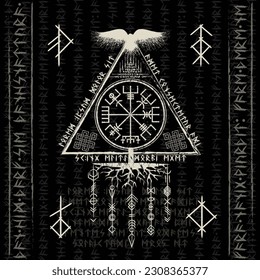 Ink blots Scandinavian viking true vegvisir symbol isolated on dark background. Grunge old sign for different designs and patterns