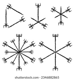 Ink blots Scandinavian viking true vegvisir symbol isolated on white background. Grunge old sign for different designs and patterns