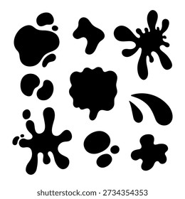 Ink blots vector icon set. Black spots spreading, droplets on a white background. Hand drawn splashes silhouettes, blobs. Isolated clip art, monochrome grunge. Messy paint splatters, abstract drips