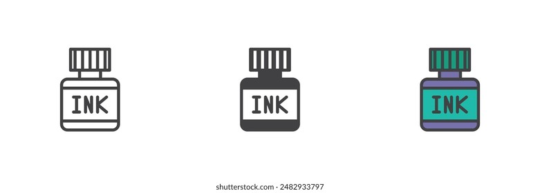 Ink bottle different style icon set. Line, glyph and filled outline colorful version, outline and filled vector sign. Symbol, logo illustration. Vector graphics