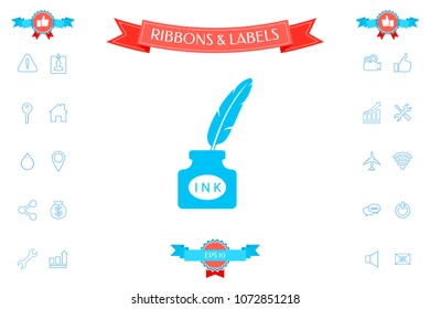 Ink bottle with feather - icon