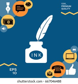 Ink bottle with feather - icon