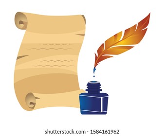 Ink Bottle Feather Pen Isolated On Stock Vector (Royalty Free ...