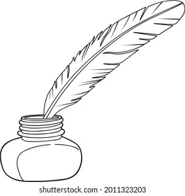 Ink bottle and feather quill pen on white background 