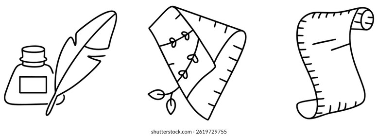 An Ink bottle and feather represent creativity measuring tape and scroll symbolize precision and planning