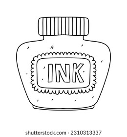 Botella de tinta con estilo de doodle dibujado a mano. Ilustración vectorial aislada en blanco. Colorido de la página.