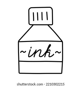 Ink bottle icon, pen ink doodle for fountain pens, vector illustration of calligraphy supplies, brush painting, sketching and drawing, isolated outline clipart on white background