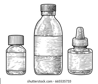 Ink bottle illustration, drawing, engraving, ink, line art, vector