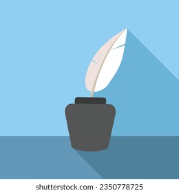 Ink bottle or inkwell with feather quill pen flat icon with long shadow. Simple Literature icon pictogram vector illustration. Writing, letter, history, poetry, document, author, literature concept