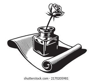 ink bottle on paper, and flower, hand drawn illustration
