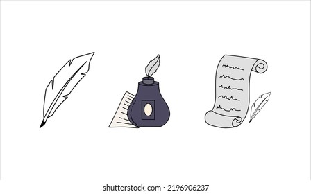 Ink Bottle, Quil Pen, and Paper Vector Design Illustrations  