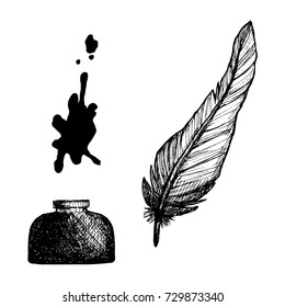 Ink bottle and quill feather hand drawn sketch vector illustration