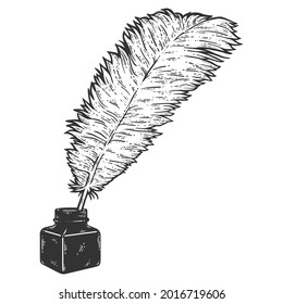 Ink bottle and quill. Sketch scratch board imitation coloring.