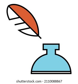 Ink bottle retro feather with blue and orange color vector design symbol illustration