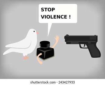 Ink bottle show hand to stop gun from shooting at him and pigeon.abstract design