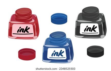 Ink bottle vector illustration. Ink pot or inkpot vector. Stationery, office supplies or school supplies collection. Back to school concept. Flat vector in cartoon style isolated on white.