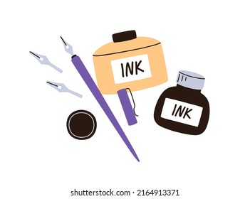 Ink bottles, dip pens, nibs for calligraphy. Art supplies, tools for handwriting. Calligraphic stuff. Flat vector illustration isolated on white background