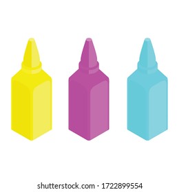 Ink bottles for ink tank printer isometric view isolated on white background. CMYK. Vector