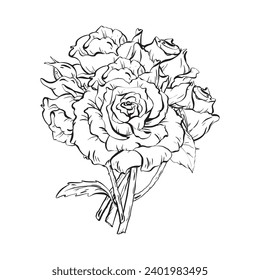 Ink: Bouquet of Roses. A lush, fragrant arrangement for weddings and birthdays. Delicate buds and blooming roses complemented by thorns on stems and vibrant leaves from the rose bush.