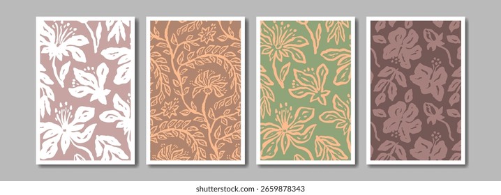 Ink brush abstract floral pattern for poster or card design set. Minimalist doodle nature background bundle for social media or wall art. Vector illustration.